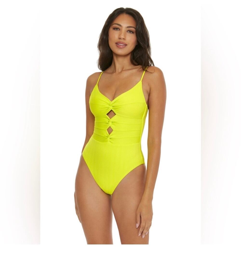 Becca Prima Camille Zesty Neon Yellow Strappy Cut Out One Piece Swimsuit Size L